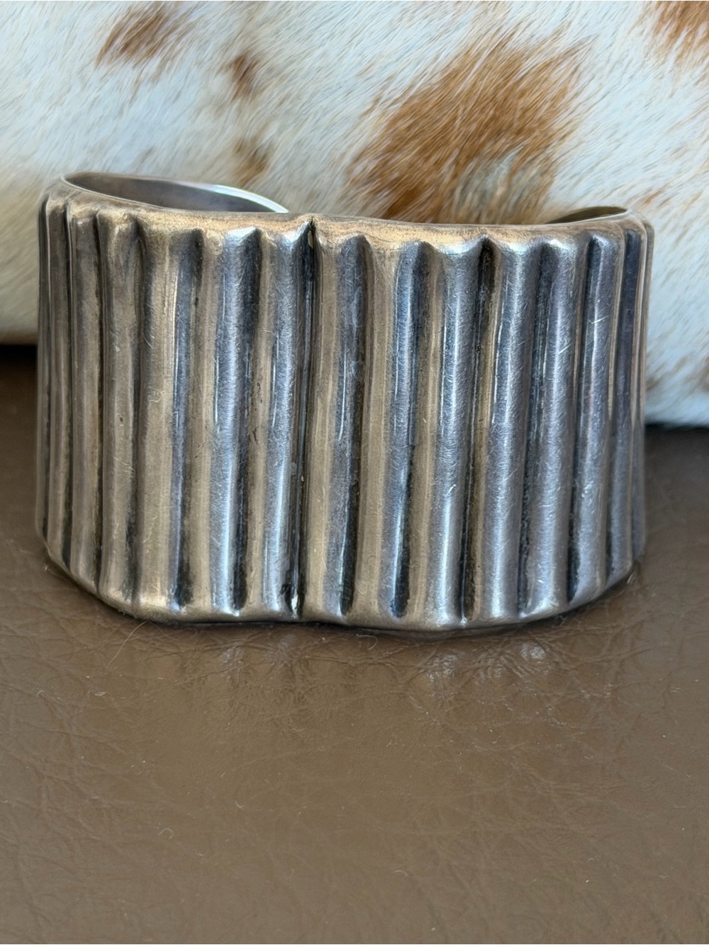 Stunning Heavy Unique Ribbed Textured Wide Sterling  Cuff Bracelet Treasure